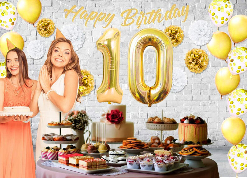 Gold & White 10th Birthday Decorations - 40" Number Balloons & More- Boy or Girl gallery