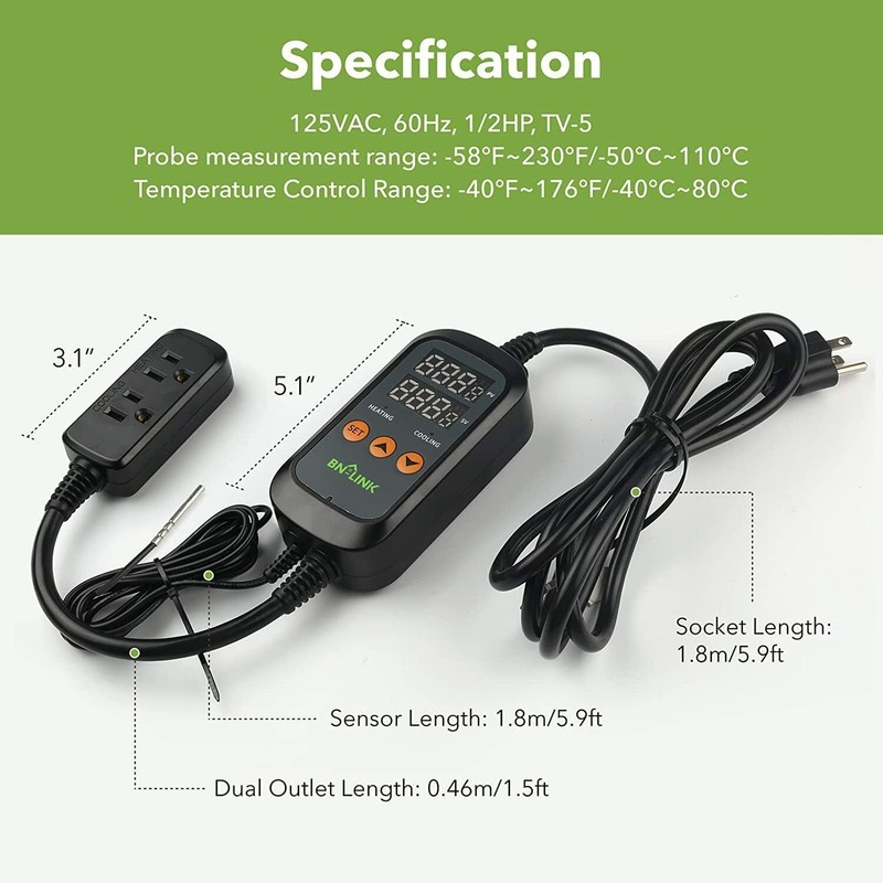 Digital Temperature Controller Heating Cooling Outlet Thermostat Plug -40-176°F gallery