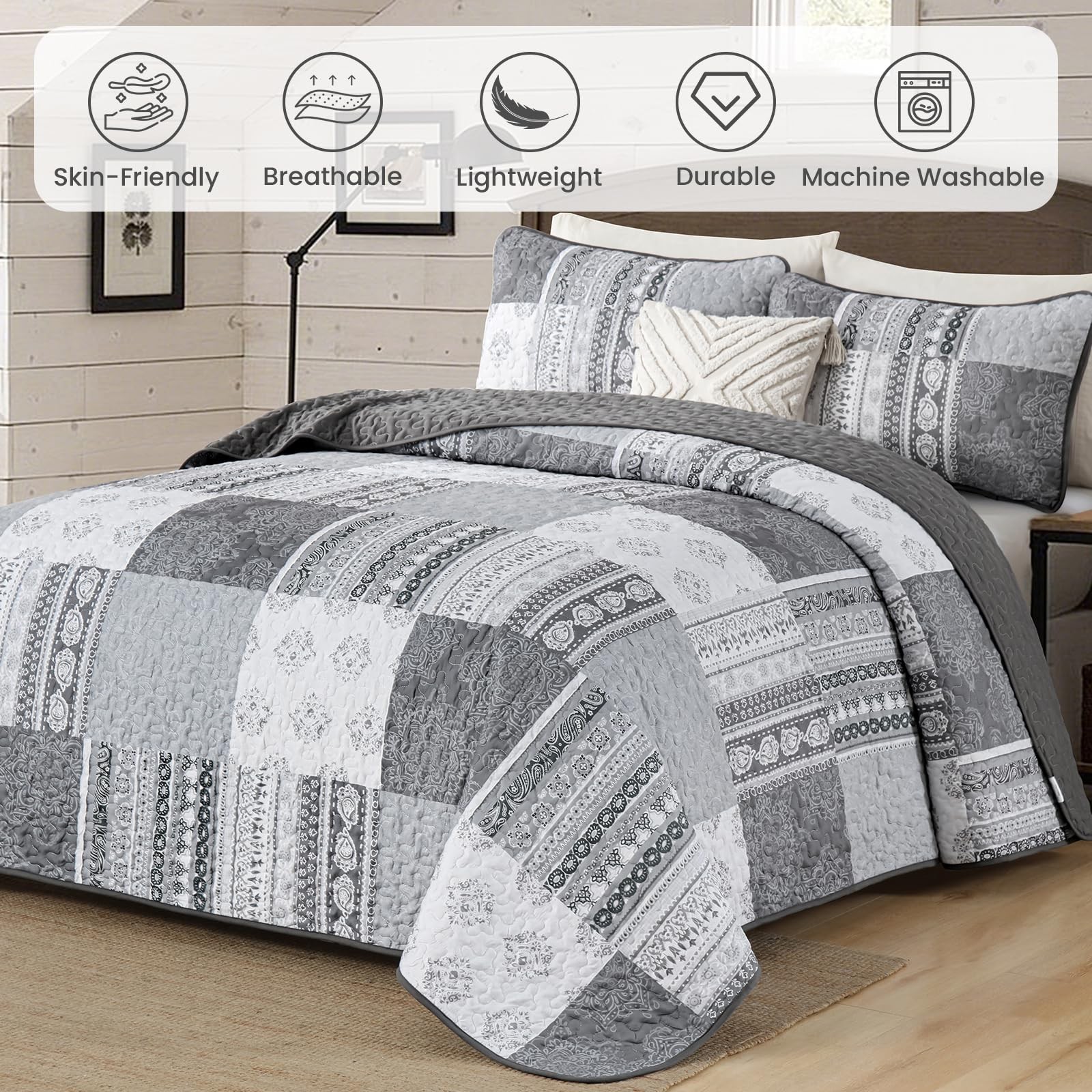 Grey Quilt Set Queen Size Boho Patchwork Bedspread Coverlet 3 Pieces, Bohemia... gallery
