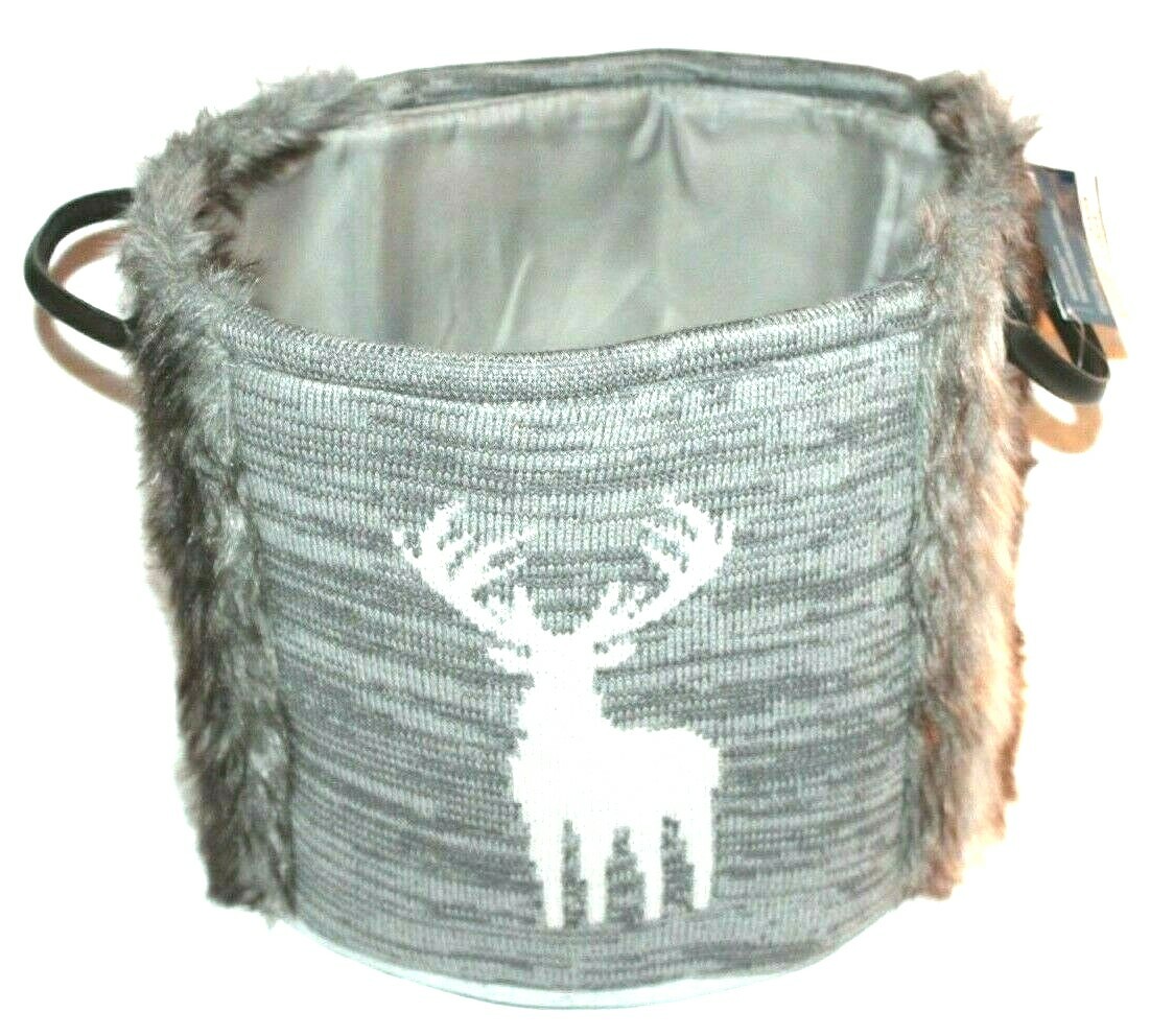 Organize It All Winter Caribou Storage Round Faux Fur Basket Bin Bag Gray gallery