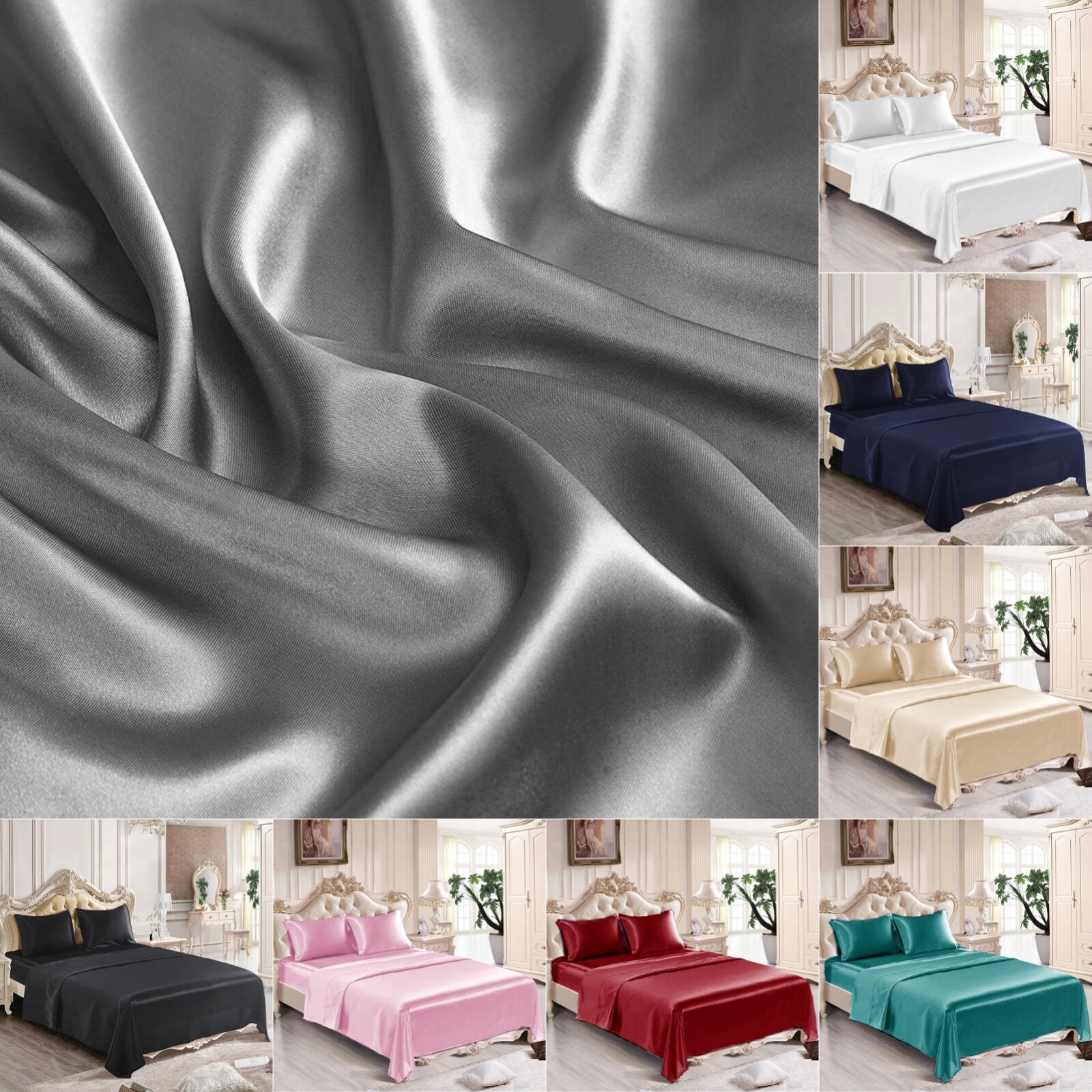 4PC Bed Sheet Set Luxury Satin Silk Sheet Set Ultra Soft Wrinkle Free Collection gallery