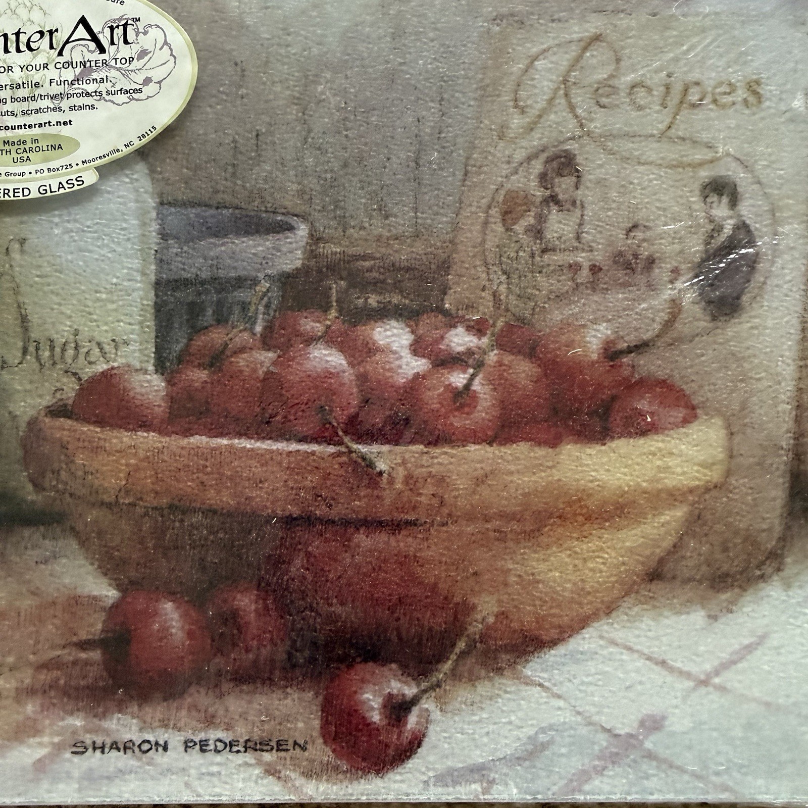 CounterArt Glass Cutting Board Sharon Pedersen Cherry Bowl Rustic Kitchen NOS gallery