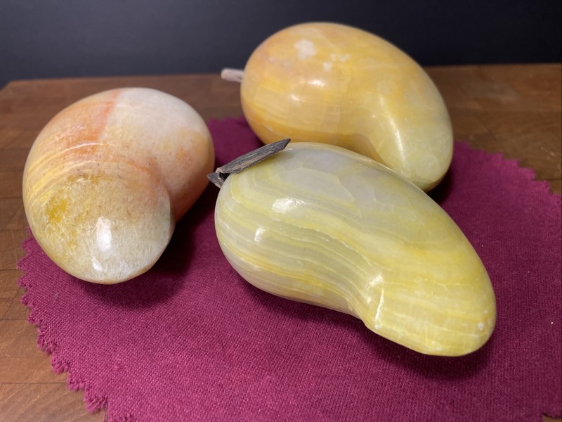 (3) Alabaster Marble Stone Fruit Mango Carved with Wooden Stems Vintage Italy gallery