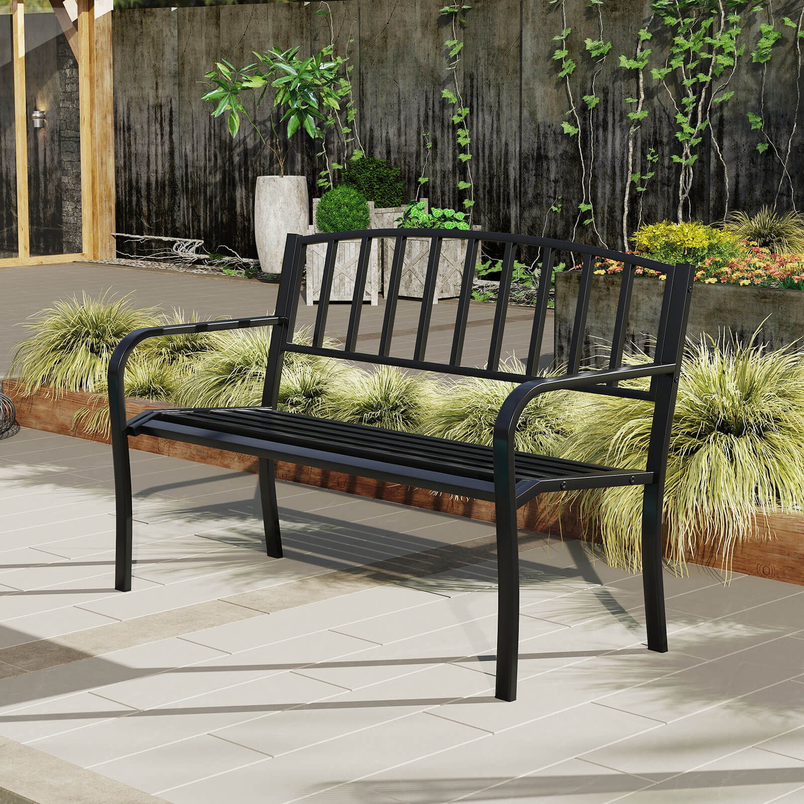 50 Inches Garden Bench w/ Slatted Backrest and Curved Armrests for Porch gallery