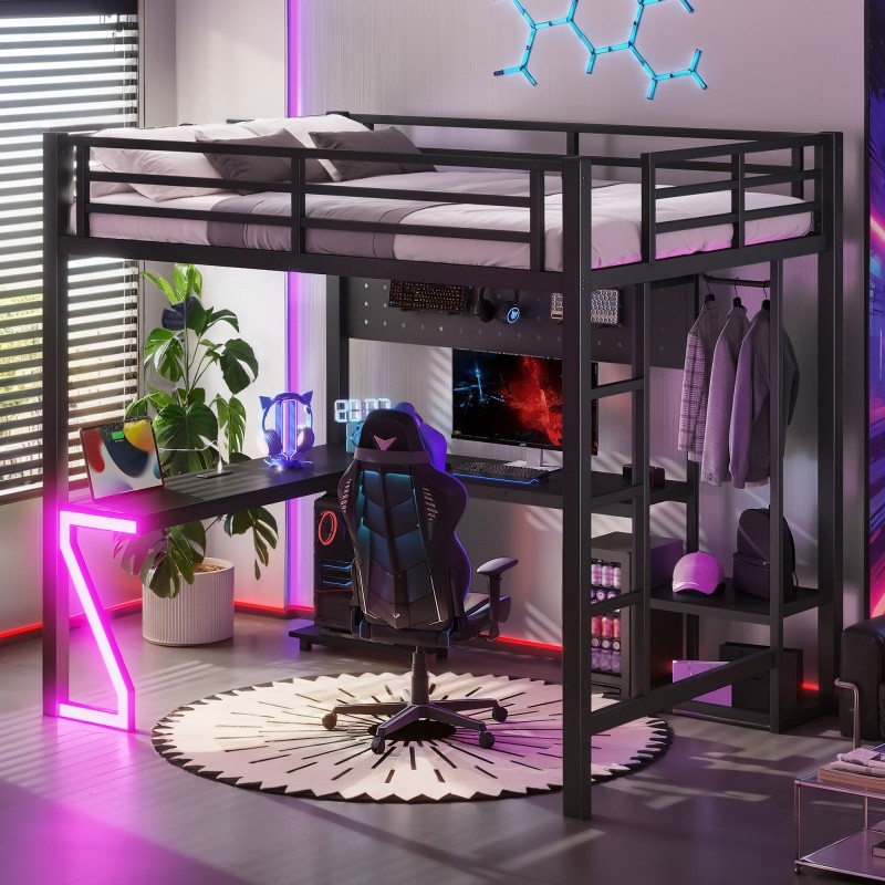 Full Metal Loft Bed w/L-shaped Desk,Computer Tray & Z-shaped Lights Black Bed gallery