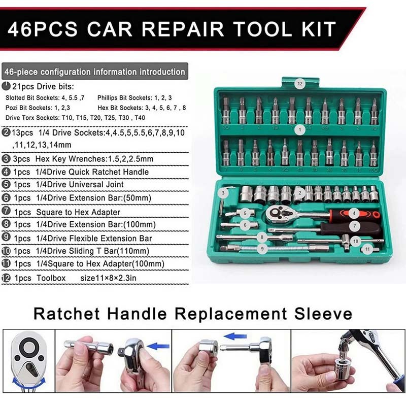 46 Pcs Socket Wrench Set 1/4" Drive Ratchet Metric Kit Garage Car Repair Tool US gallery
