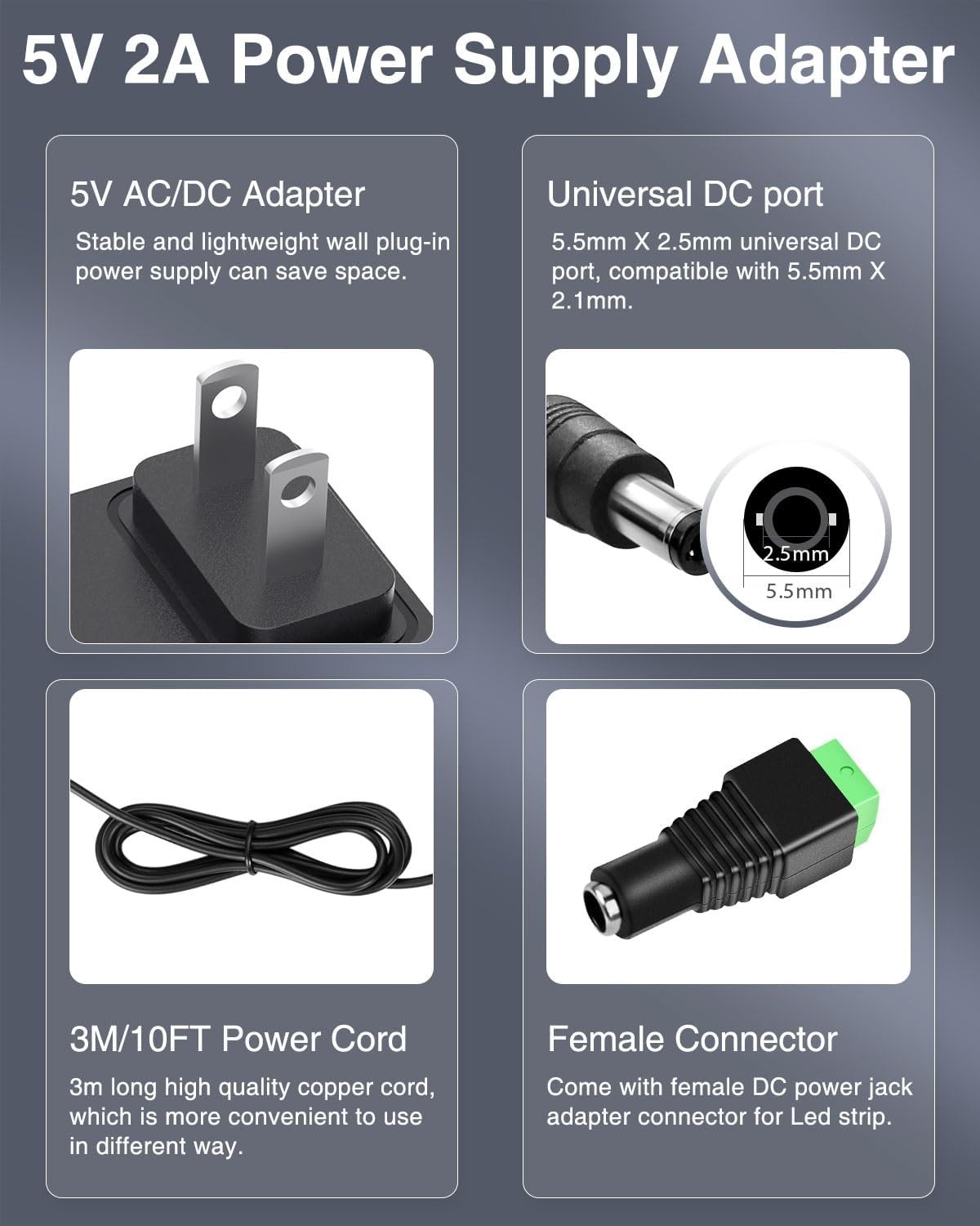 5V 2A Power Supply 5Volt 2Amp AC Adapter 100-240V DC 5V Power Cord 10FT with DC gallery