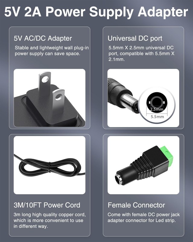 5V 2A Power Supply 5Volt 2Amp AC Adapter 100-240V DC 5V Power Cord 10FT with DC gallery