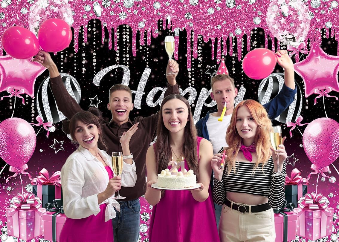 Pink Black Happy Birthday Backdrop for Women Pink and Black Glitter Happy Birthd gallery