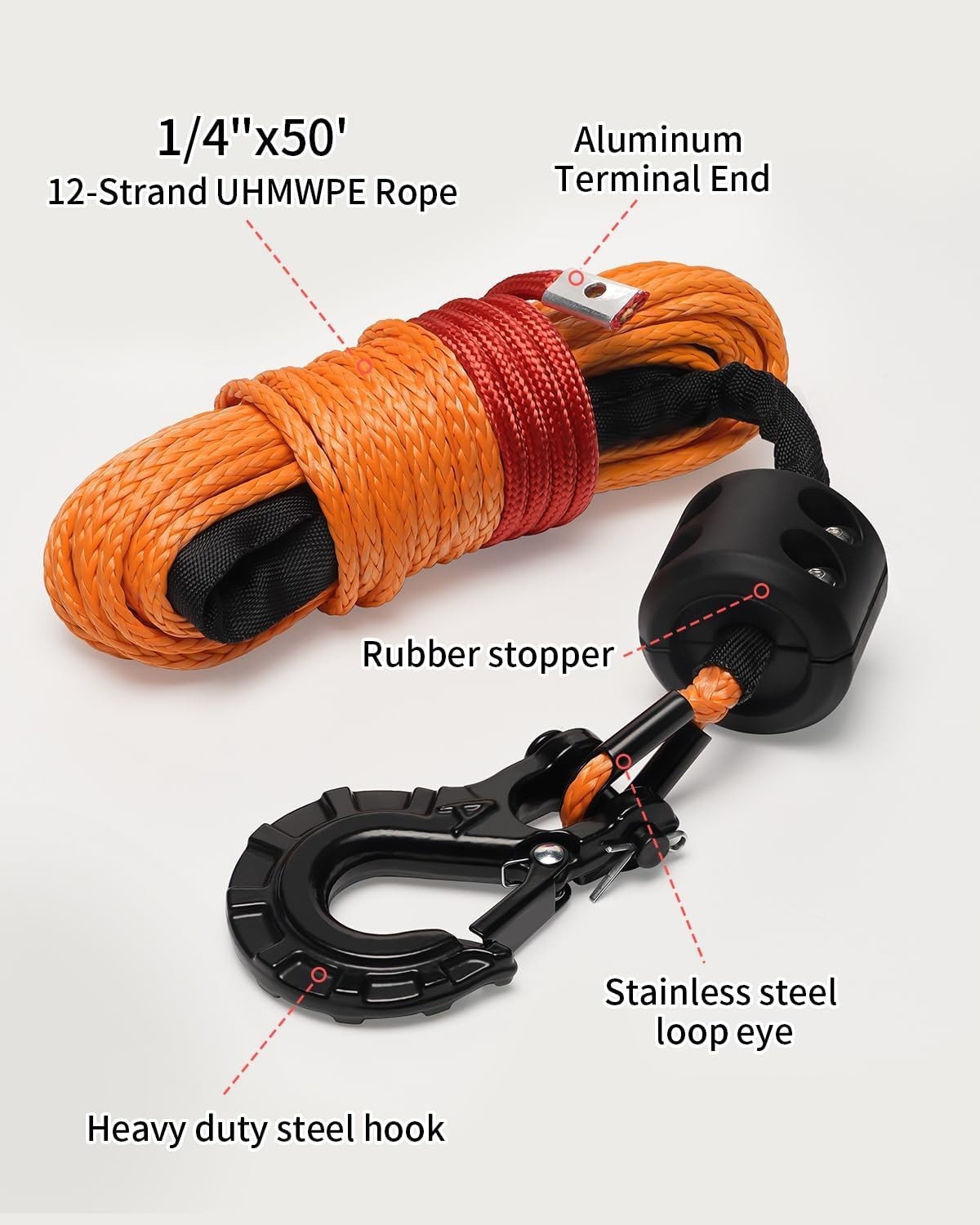 Synthetic Winch Rope Kit 9,650lbs Winch 1/4" x 50ft Orange Rope, Black Hook gallery