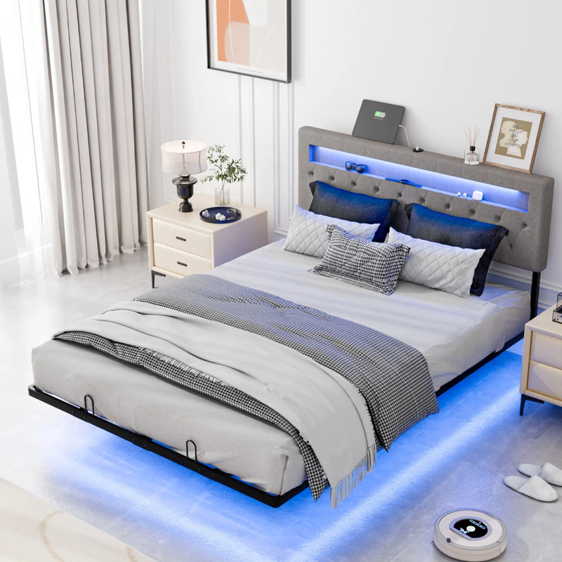 Queen Floating Bed Frame w/ LED Cama Queen con Luz LED Plataforma Gris NEW gallery