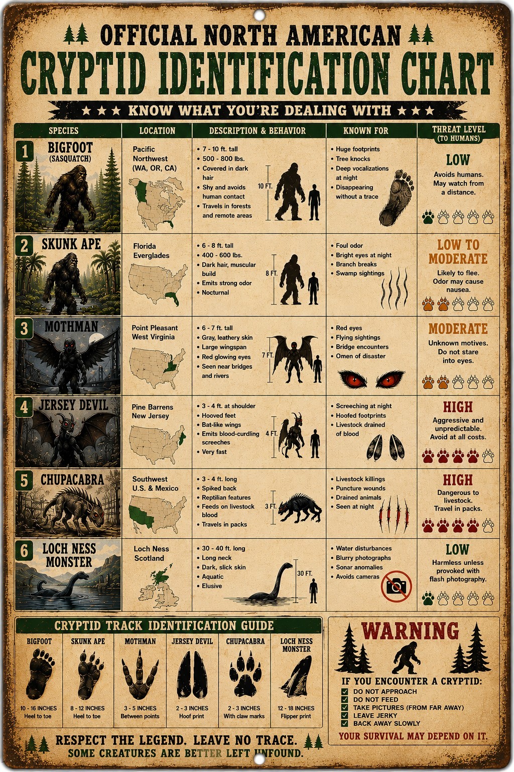 Funny Cryptid Identification Chart 8x12 Metal Sign Bigfoot Mothman Chupacabra gallery