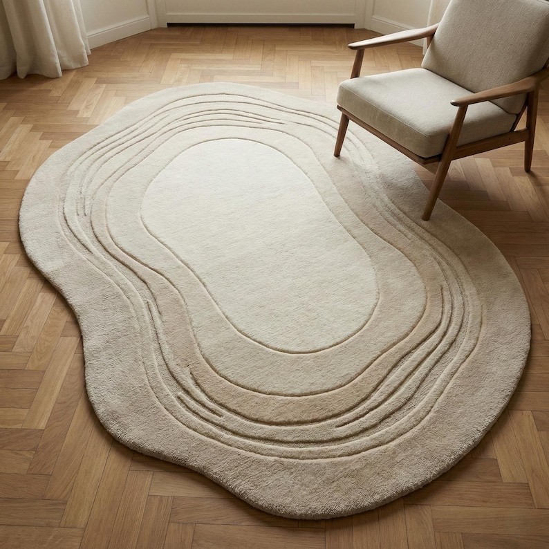 Hand Tufted Irregular Shape Rug – Minimalist Beige Area Rug, Tufted Wool Carpet gallery