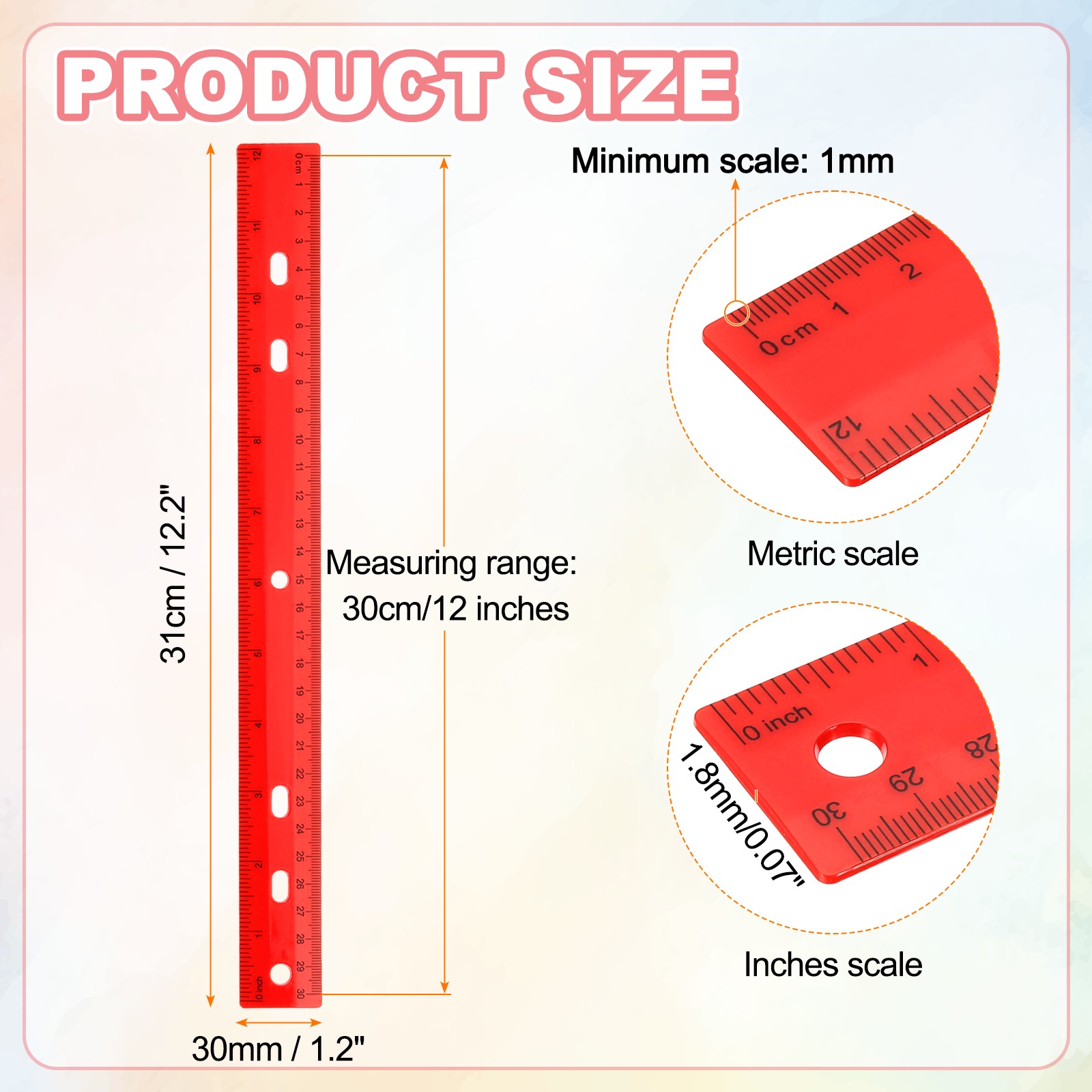 12pcs Plastic Rulers 12" (30cm) Clear Straight Ruler with Hole, Red gallery