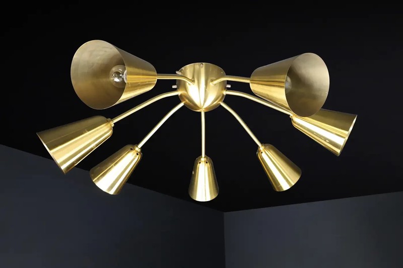 Italian Mid-Century Solid Brass Sputnik Chandelier 7 Lights Cone Shade by H D gallery