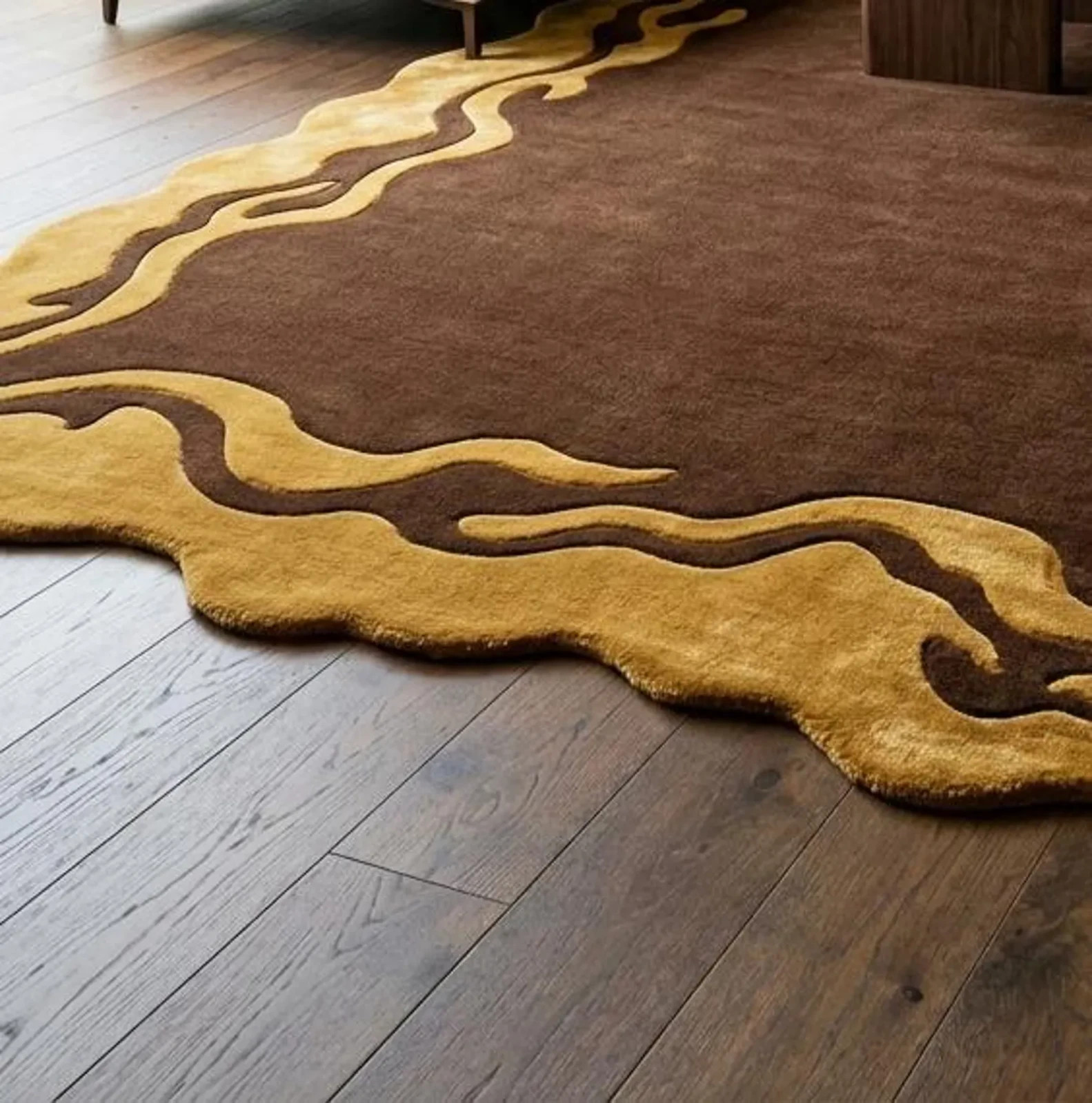 Modern Abstract Gold Border Area Rug Irregular Shape Large Modern Handmade Rug gallery