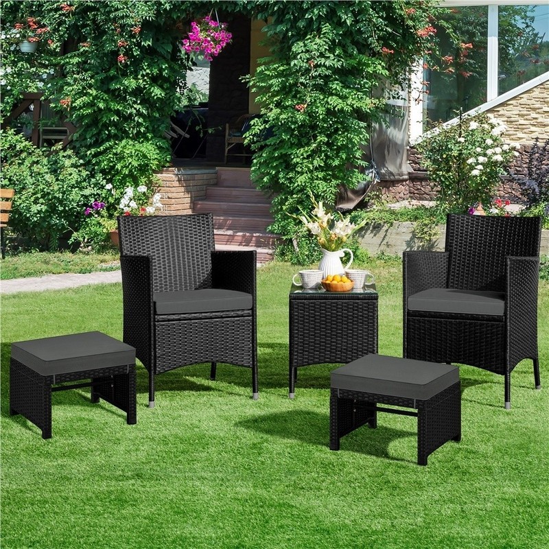 2PCS Wicker Ottomans with Removable Cushion for Patio, Black/Gray gallery