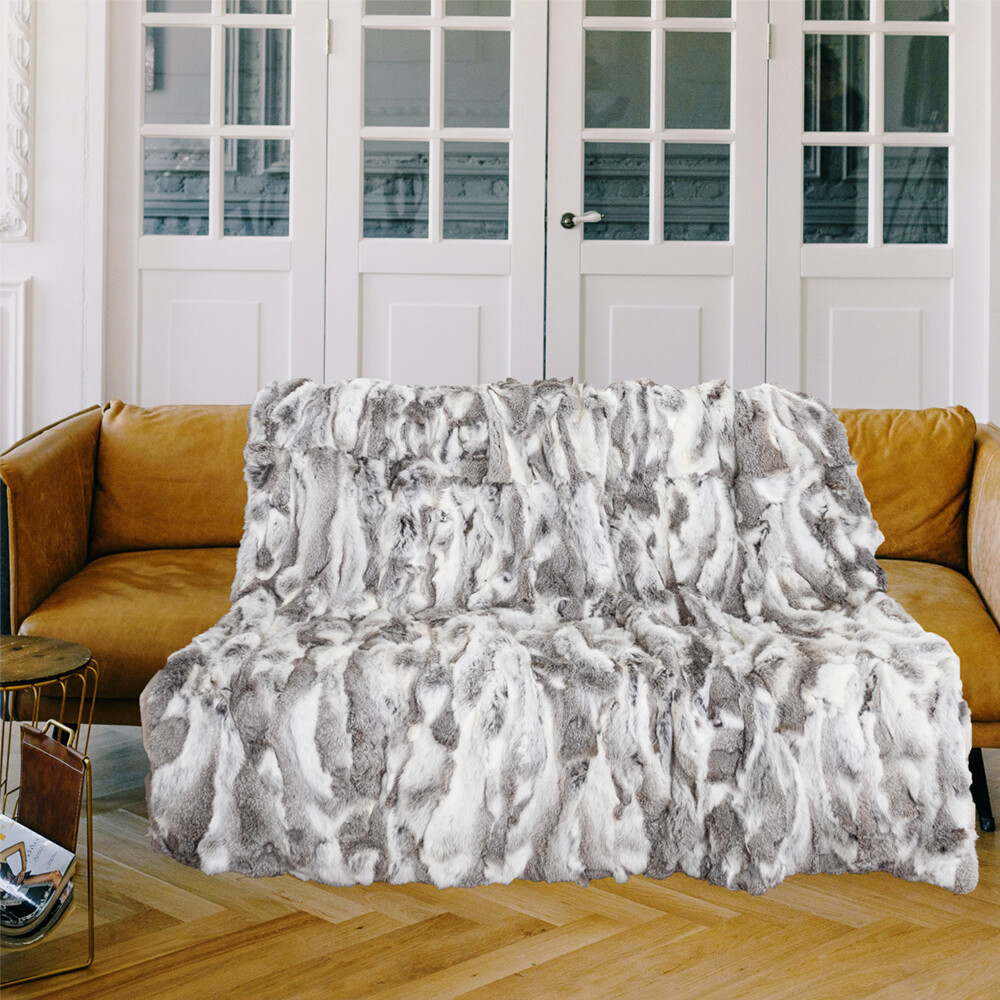Genuine Rabbit Fur Throw Luxury Warm Blanket Sofa Bedspread Gray White 55inx63in gallery