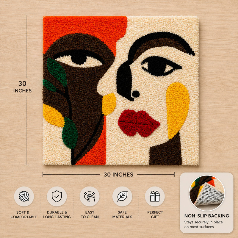 Handmade Modern Abstract Face Tufted Wall Art Rug 30x30 Textile Decor gallery