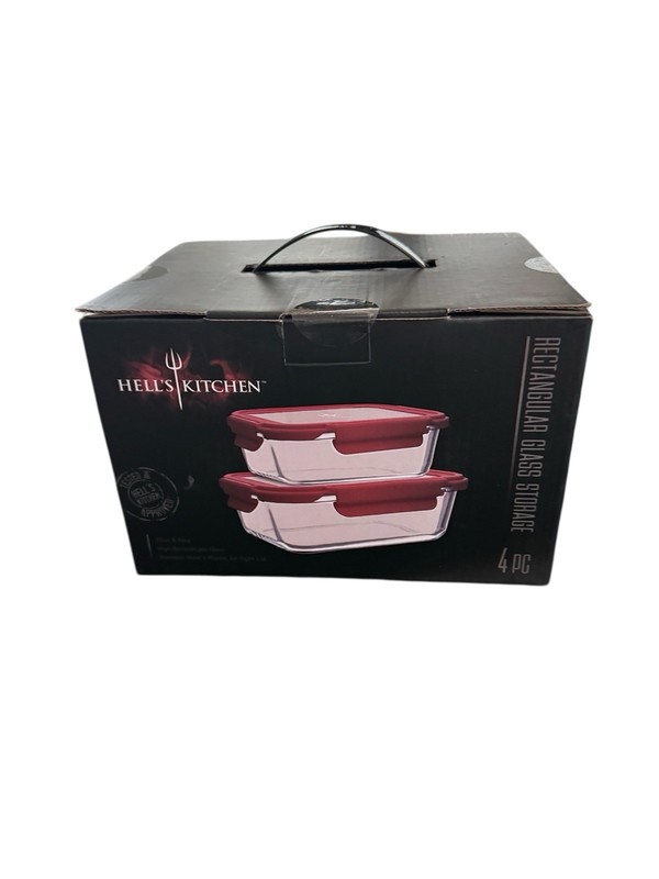 Hell's Kitchen Rectangular Glass Storage Container Set 4pc Red Airtight Lids gallery
