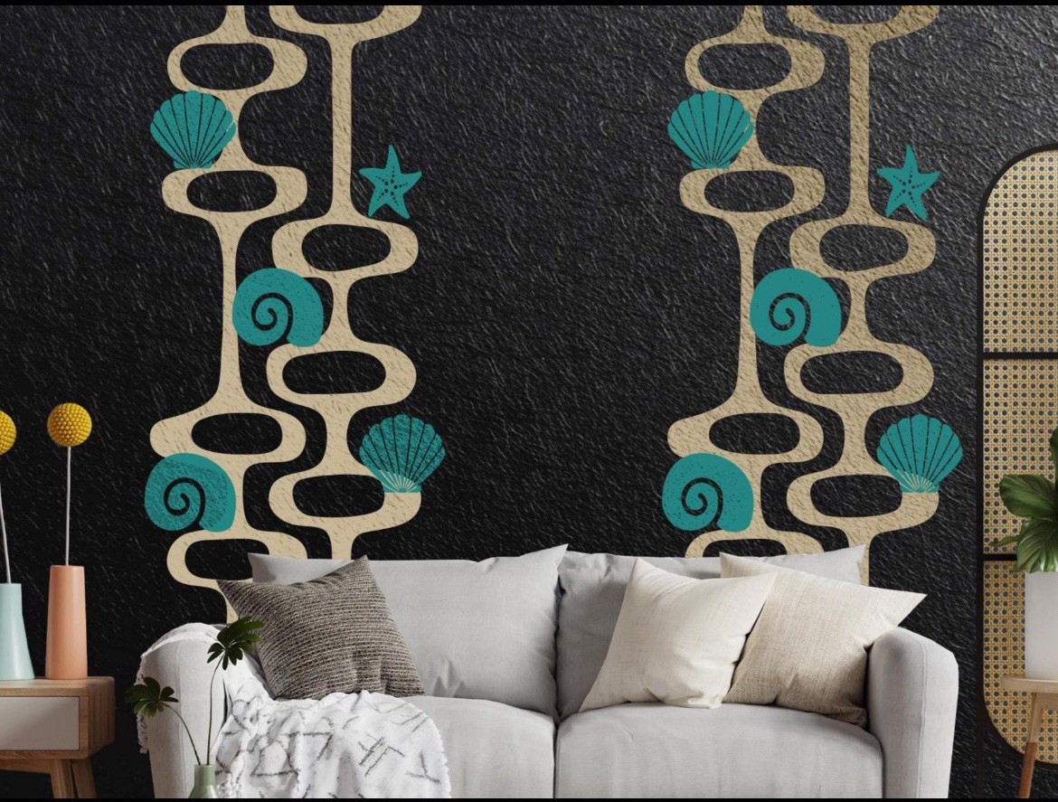 Mid-Century Sea Shells Wall Decal – Retro Vinyl Wall Art 80 “x 22 “ gallery