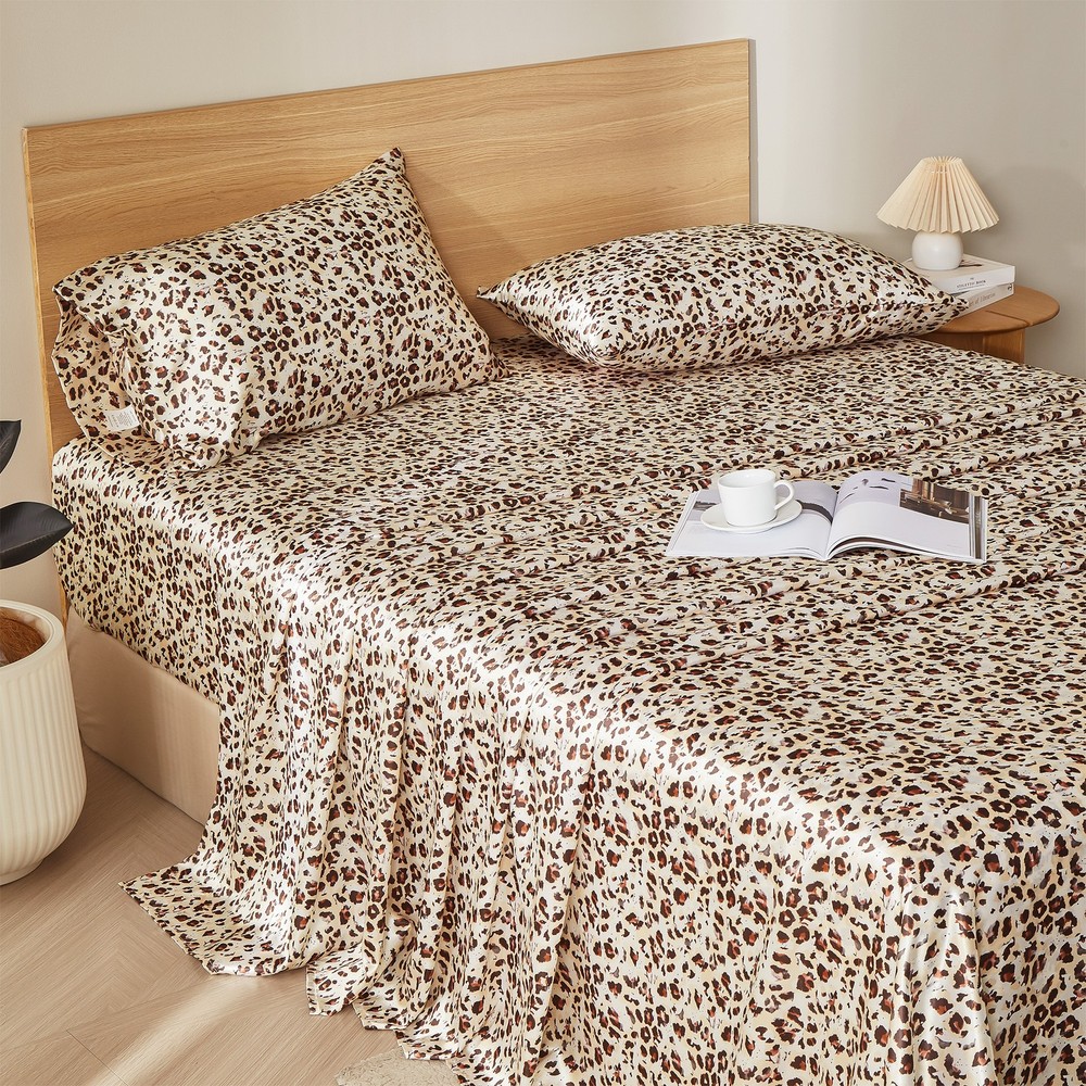 4Pcs Satin Sheet Set Leopard Pattern Faux Silky Bedding Sheet Cooling Queen King