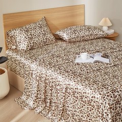 4Pcs Satin Sheet Set Leopard Pattern Faux Silky Bedding Sheet Cooling Queen King