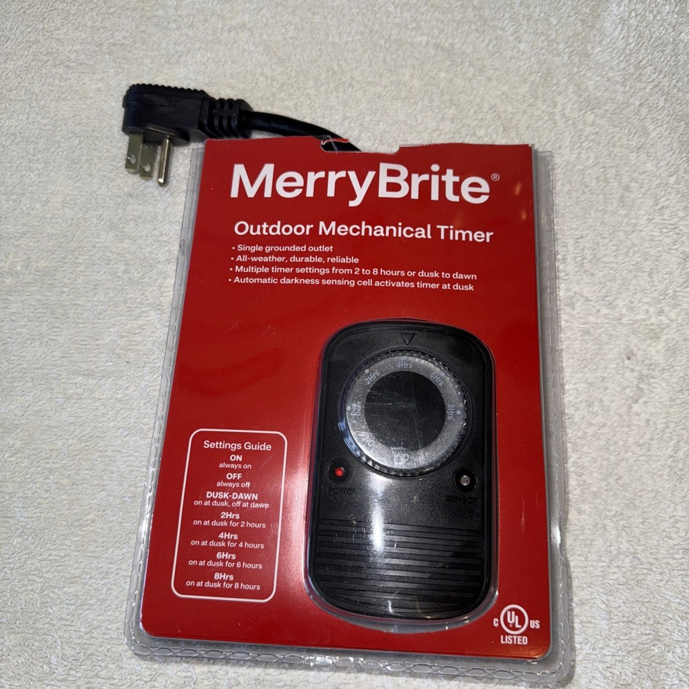 Merry Brite Outdoor Mechanical Timer 2-8 hours or Dusk - Dawn, Single Outlet