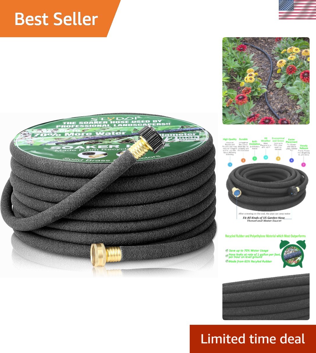 1/2 Inch x 75 FT Round Soaker Hose with Brass Connectors for Efficient Watering gallery