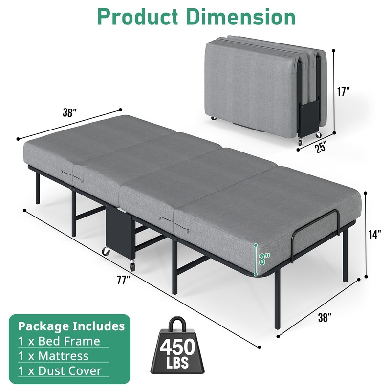 Portable Foldable Bed with Mattress Rollaway for Adults, 75” x 38" gallery