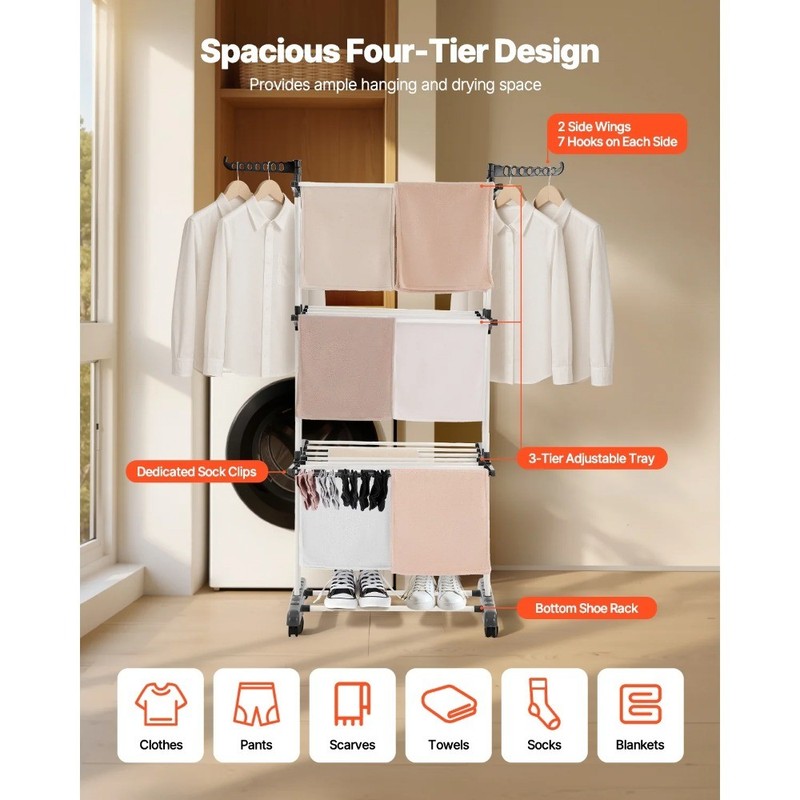 4-Tier Clothes Drying Rack, Sturdy Laundry Drying Rack with Wheels and 24 Rods gallery