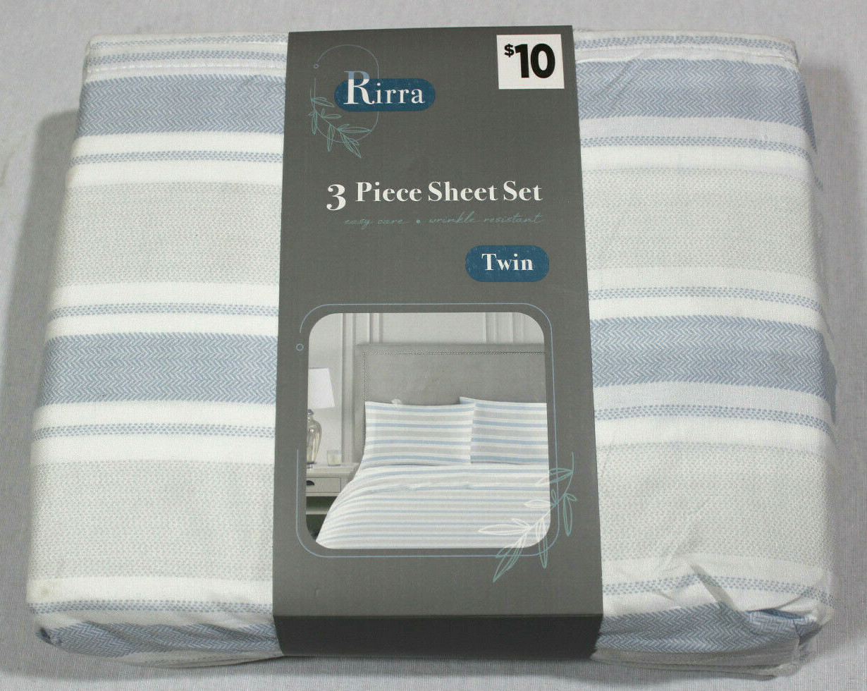 New Rirra Twin Size 3 Piece Sheet Set Blue, Gray & White Stripes - Soft gallery