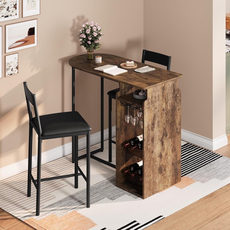 3 PCS Bar Table and Chairs for 2 Dining Room Table w/ Wine Rack and Glass Holder gallery