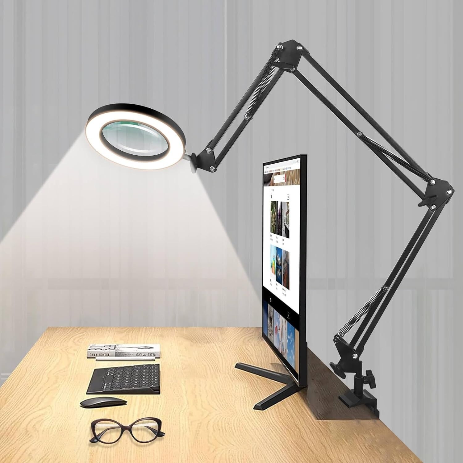 Magnifying Glass Desk Lamp with 3-Section Swing Arm and Big Clamp, Magnifying... gallery