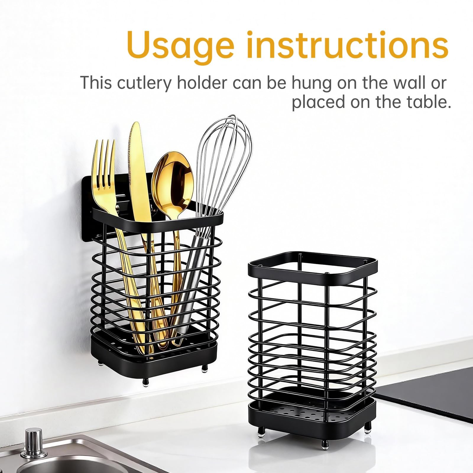 Black Wall Mount Tabletop Stainless Steel Utensil Holder Drying Caddy gallery
