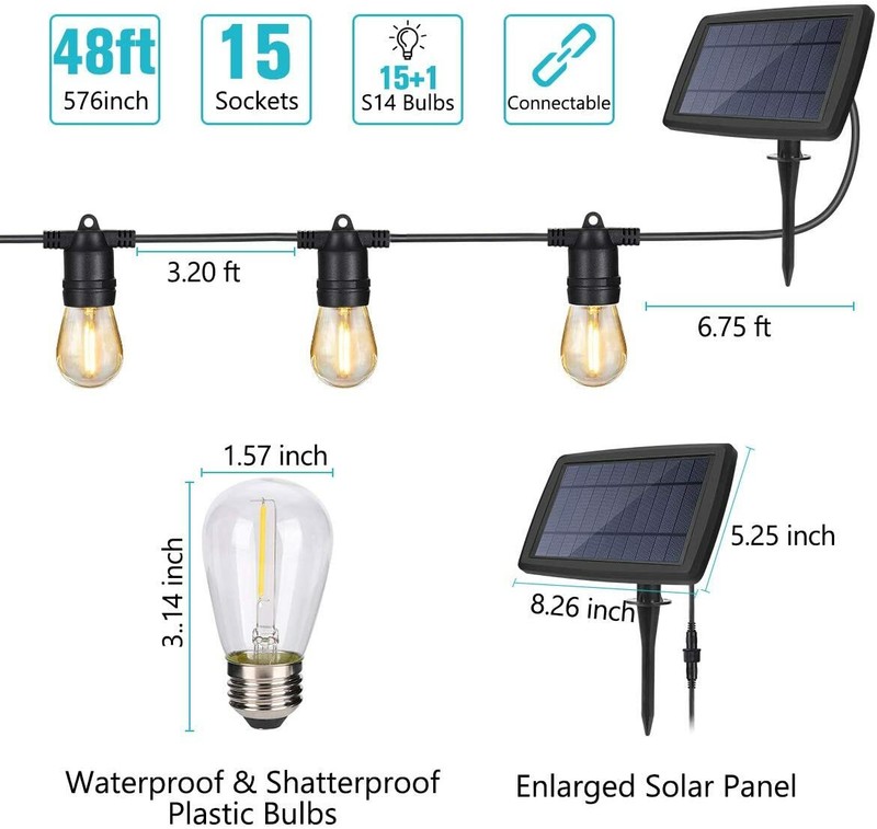 48FT Outdoor Solar LED String Light Weatherproof for Patio Lawn Garden Party gallery