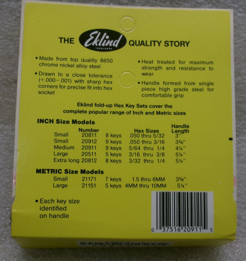 EKLIND FOLD-UP SAE INCH HEX KEY SET 9 IN 1 NO. 91 EDP NO. 20911 #413E gallery