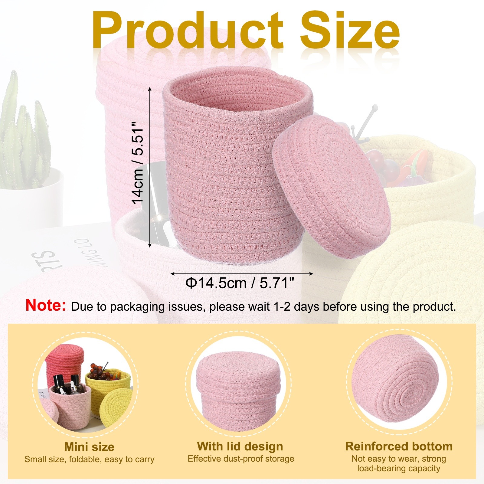 Light Pink Small Cotton Rope Woven Storage Basket Round with Lid 5.8"x5.6" gallery