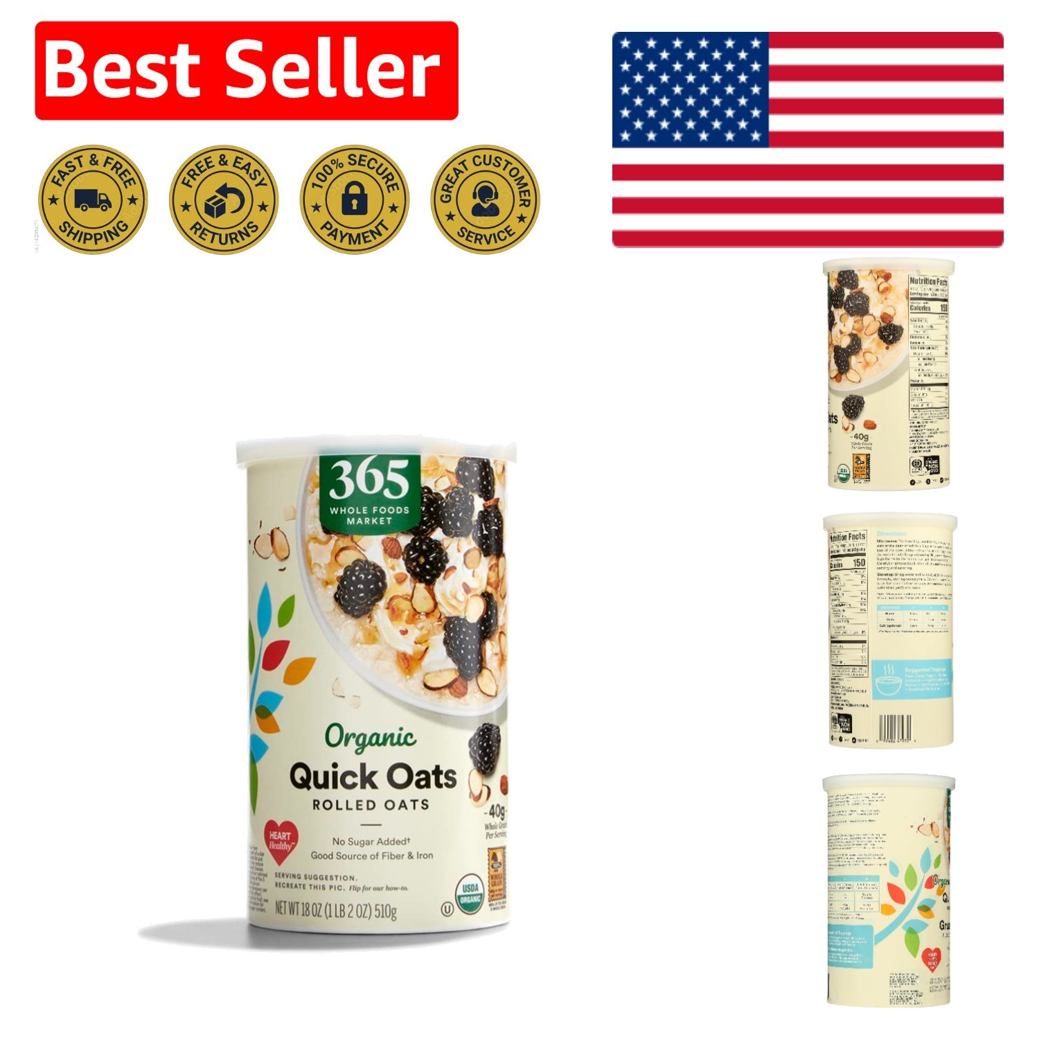 Organic Rolled Quick Oats - 18 Ounce Heart-Healthy & No Sugar Added gallery