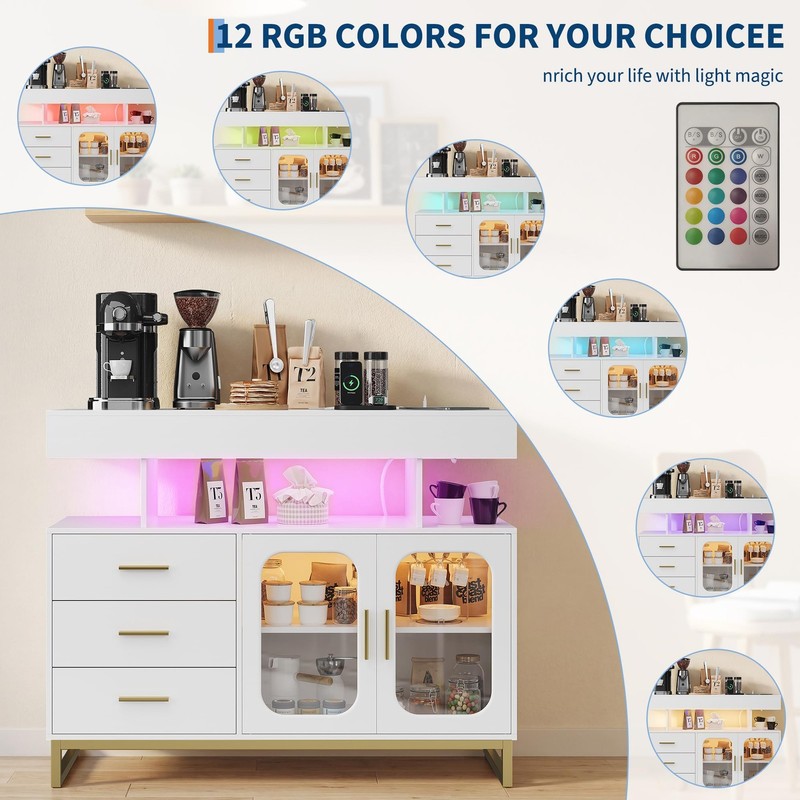 LED Buffet Cabinet Dimmable Sideboard Coffee Bar W/ Charging Station & RGB Light gallery