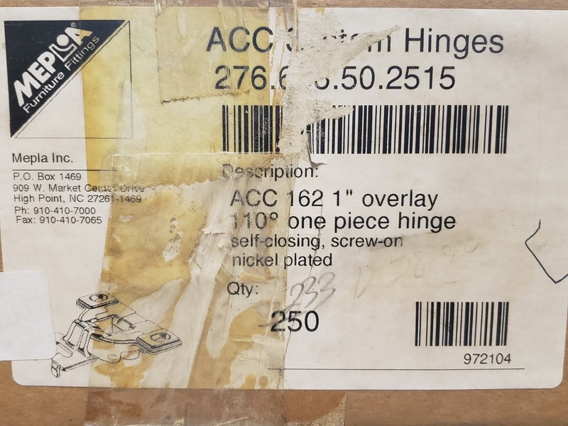 MEPLA Hinge ACC 162 Self Closing 1" Overlay 276.656.50.2515 110 Degree gallery