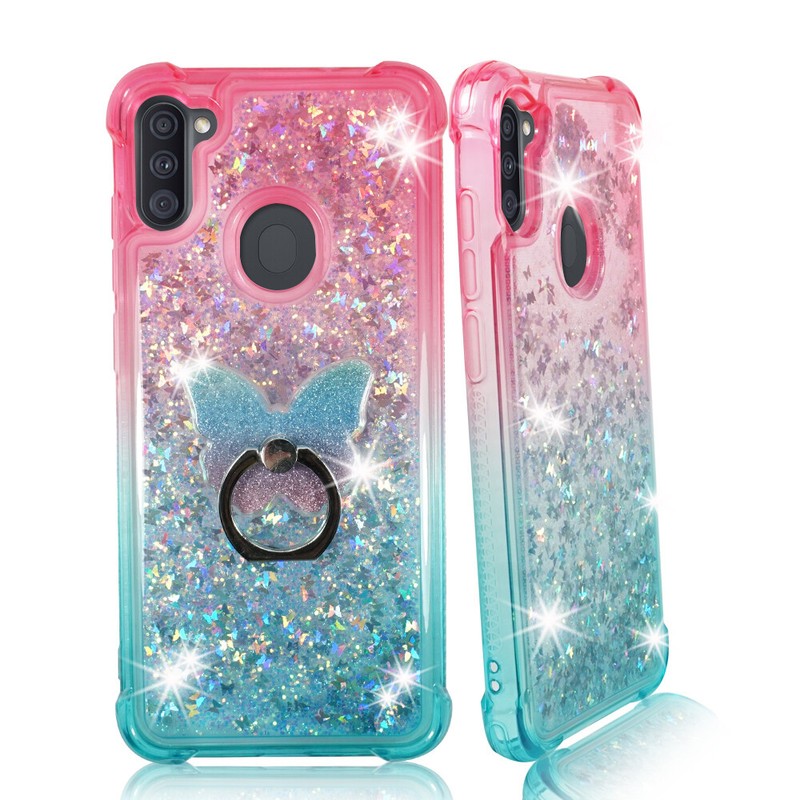 For Samsung Galaxy A11, Liquid Glitter Bling Clear Protective Case Ring Stand gallery