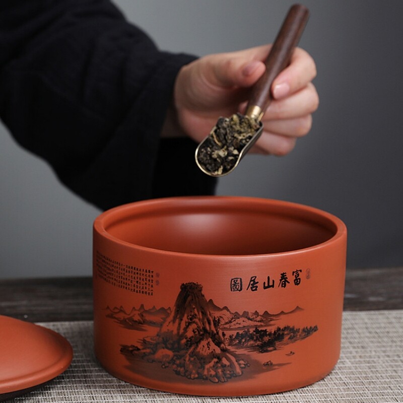Sealed Tea Canister For Loose Tea Print Small Tea Caddy With Lid Zisha Clay New gallery