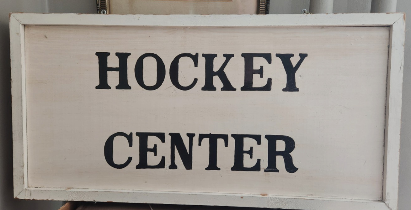 OLD Hand Painted Sporting Goods Store Trade Sign HOCKEY CENTER Double Sided WOOD gallery