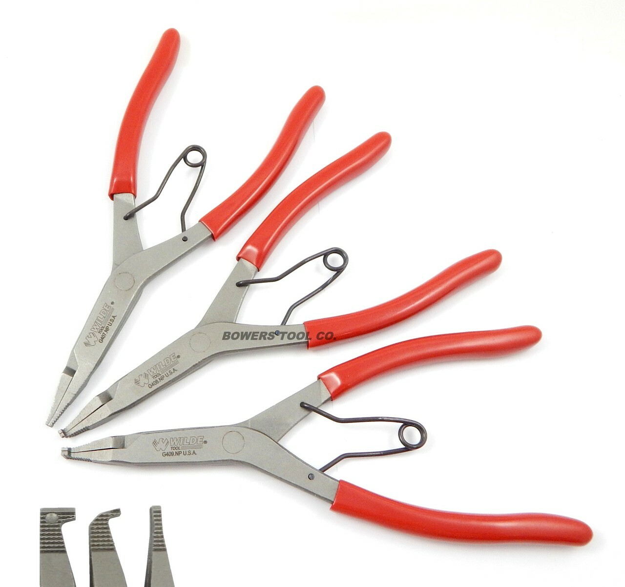 Wilde Lock Ring Pliers Set 3pc Straight Right Angle Thin Bent Curved 9" USA Made gallery