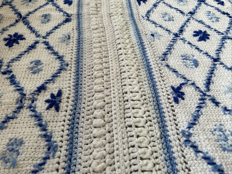 GrannyCore Blanket Throw 41 x 49” White Blues Flowers Baby Crochet Knit Diamonds gallery