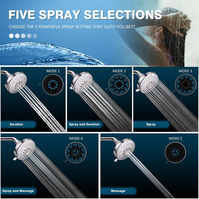 High Flow Bathroom Fixed Shower Head, 1.75 GPM, Polished Chrome 5 Setting 4 Inch gallery