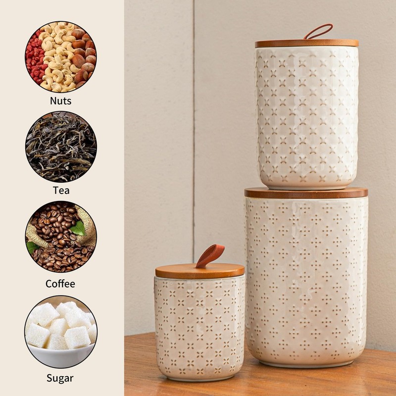 JOJUNO 3-Pc White Ceramic Canister Set with Wooden Lids - Airtight Food Storage gallery