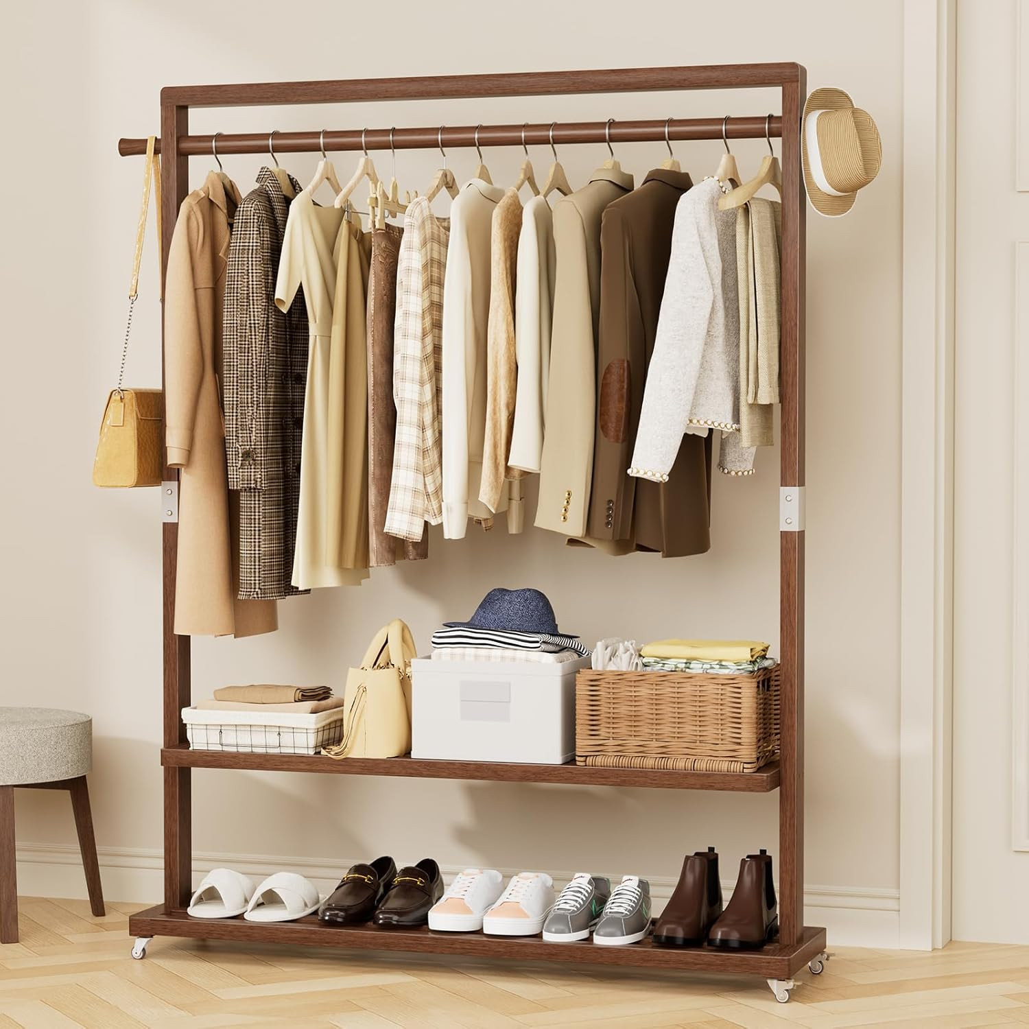 Versatile Solid Wood Clothes Rack with Wheels & Shelves - 220 Lb Capacity gallery