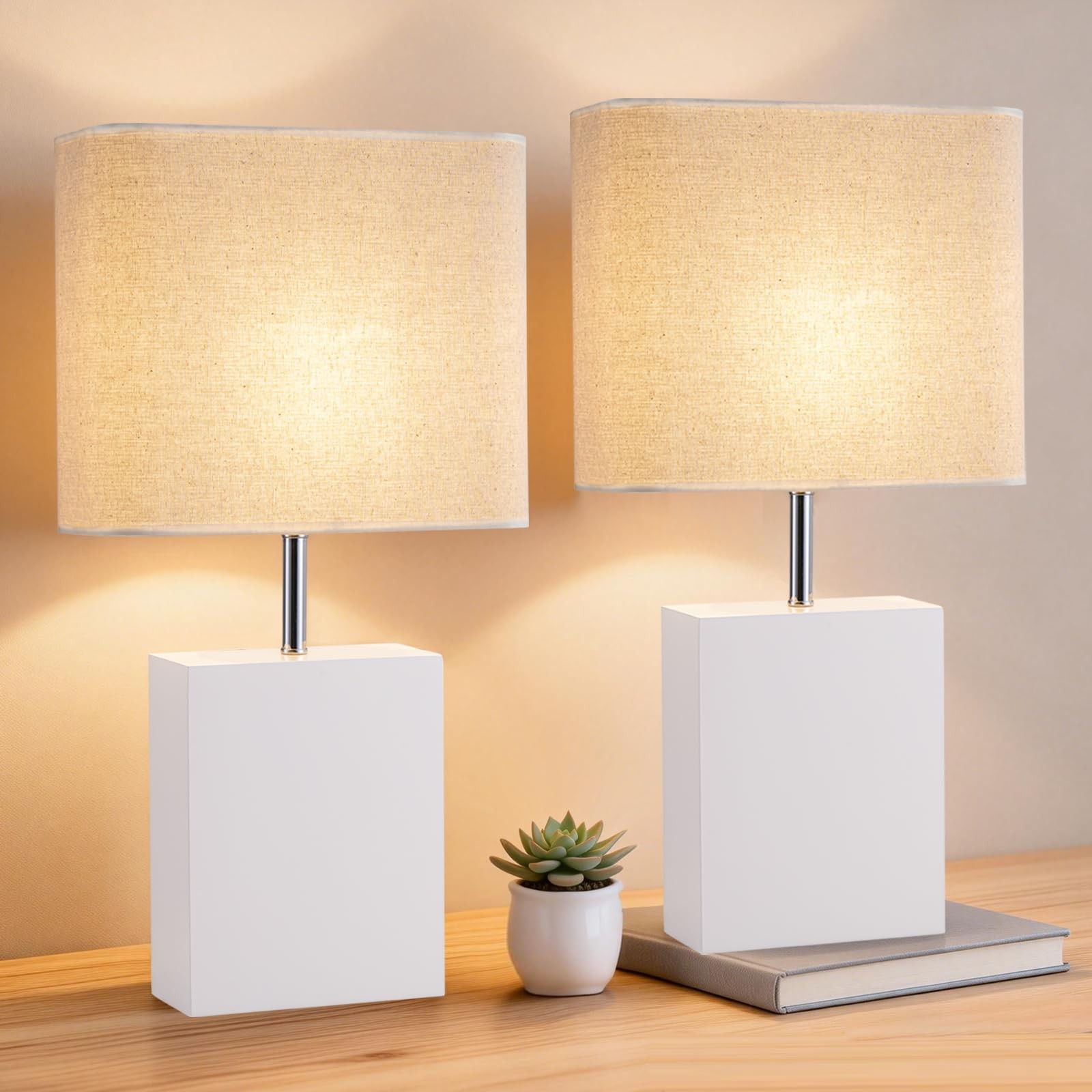 23" Wood Modern Bedside Table Lamps Set of 2 Cream Color For Living Room Bedroom gallery